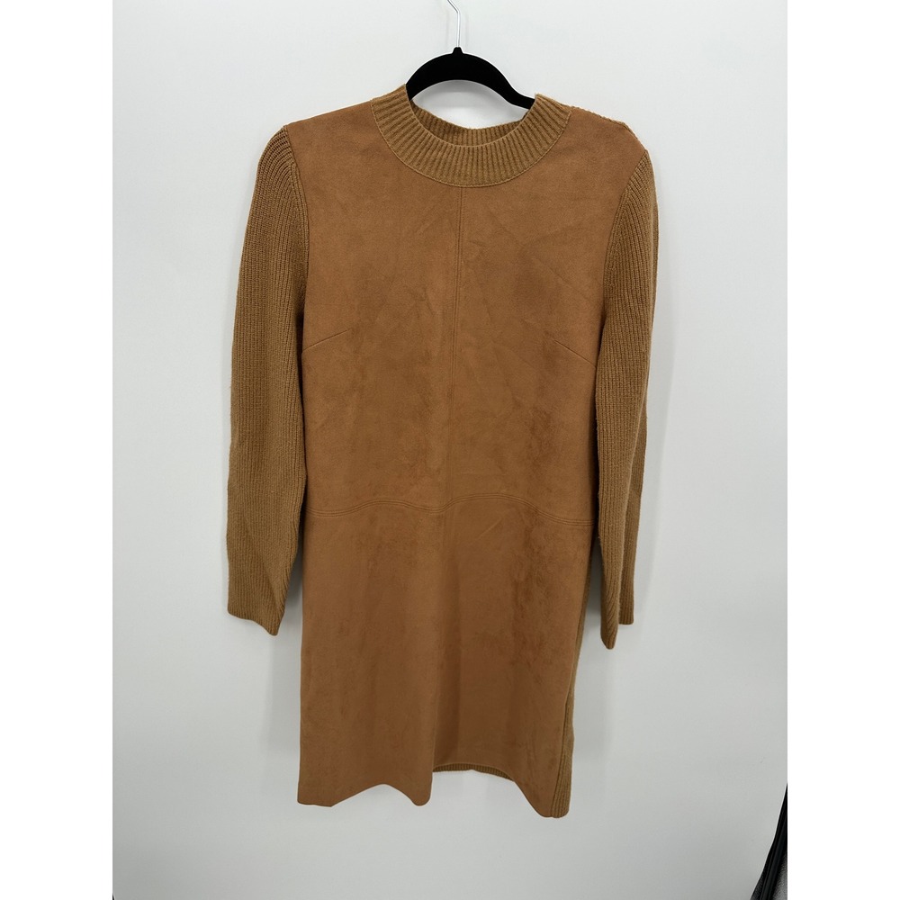 Ann‎ Taylor Womens Faux Suede Ribbed Knit Mixed Media Shift Dress Camel Brown M